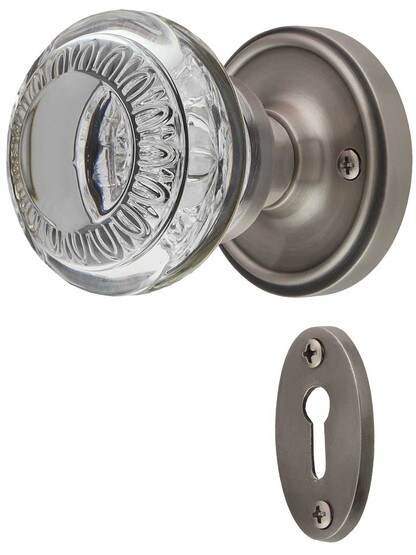 Classic Rosette Mortise-Lock Set with Ovolo Crystal-Glass Knobs and Keyhole in Antique Pewter.